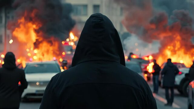 Protests erupt in the city center as fires blaze and chaos unfolds on the streets