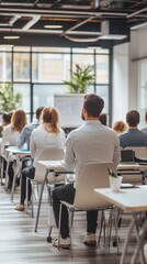 Modern corporate training session in progress: professionals attentively listen to presenter in sleek, light-filled office space with minimalist decor and large windows.