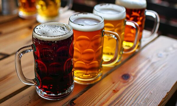 Variety of beer glasses on a wooden table