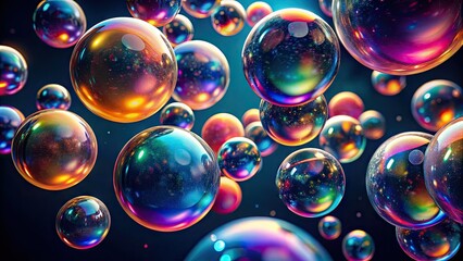 Vibrant, iridescent spheres suspend in mid-air, effervescent and glowing, against a dark background, creating a mesmerizing, dreamlike atmosphere of weightless freedom and joy.