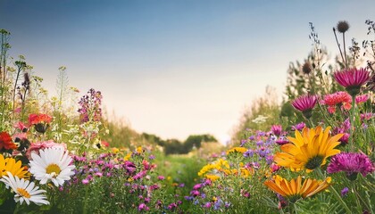 Obraz premium A vibrant field filled with colorful flowers under a clear sky, showcasing nature's beauty and tranquility.