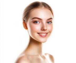 Fototapeta premium A radiant young woman with a gentle smile illuminated by soft light, showcasing her natural beauty in a minimalist setting, capturing a moment of serene confidence and grace