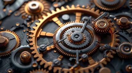 Close-up view of an intricate arrangement of steampunk gears, showcasing detailed craftsmanship and a blend of metallic textures and colors.