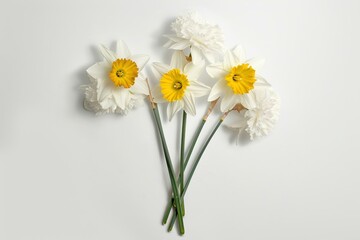 Three stems and flowers of the small-cup daffodil cultivar Pink Rim against a white background. Beautiful simple AI generated image