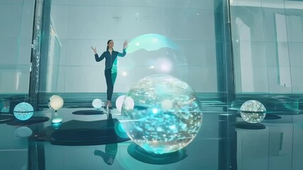 Female Teacher Teaching With Glowing Spheres in a Futuristic Environment Generative AI