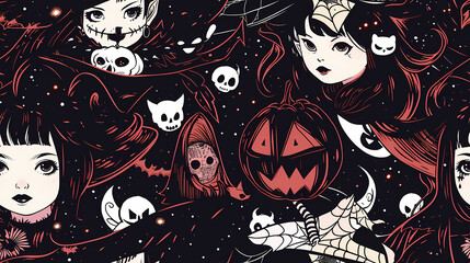 Fototapeta premium Seamless Halloween Witch Tile Pattern in Anime Manga Style