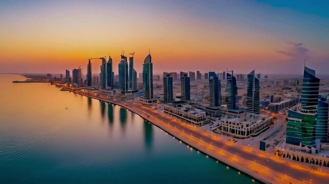 Aerial View of Kuwait City Skyline at Dusk