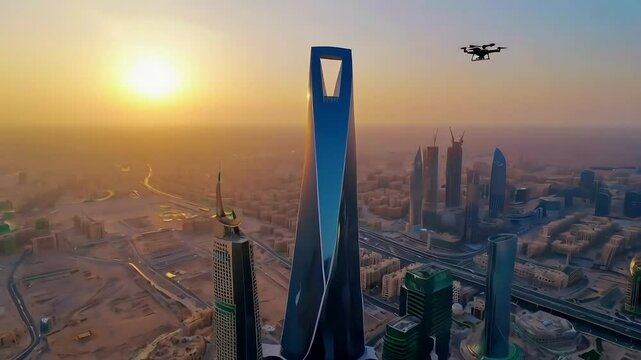 Aerial View of Riyadh Skyline with Drone at Sunset