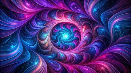Vibrant, mesmerizing swirls of purple, pink, and blue hues dance across a dark background, creating a hypnotic, abstract pattern that evokes a sense of dynamic energy.