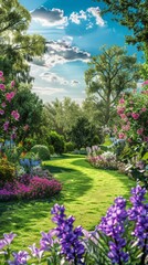 Obraz premium Stroll along a lush, winding path through a vibrant garden filled with blooming flowers, framed by towering trees under a radiant blue sky
