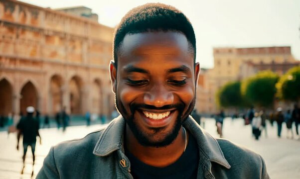 Sudanese Man Smiling and Using Mobile Phone in Rome