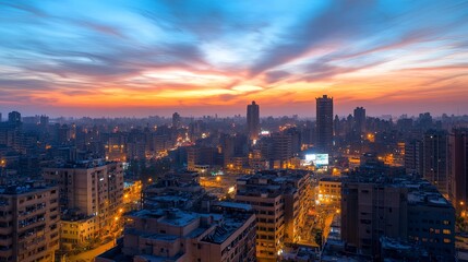 Obraz premium Cairo's Enchanting Sunset: Aerial Cityscape Amidst the Blues Moment, Glimmering Lights, and the Elegance of an Ancient Metropolis