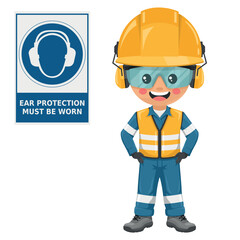 Industrial Safety Engineer with mandatory use of earmuffs warning sign. Ear protection must be worn. Safety first. Personal protective equipment. Industrial safety and occupational health at work
