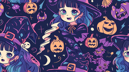 Naklejka premium Seamless Halloween Witch Tile Pattern in Anime Manga Style