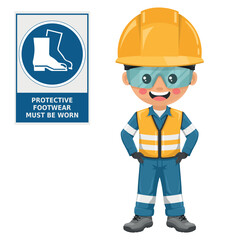Industrial Safety Engineer with warning sign of mandatory use of safety boots. Protective footwear must be worn. Personal protective equipment. Industrial safety and occupational health at work