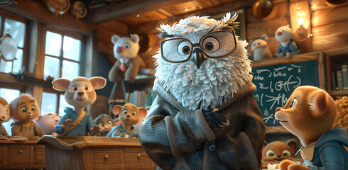 Cute character owl teacher in the classroom