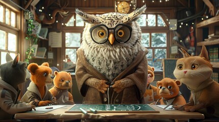 Cute character owl teacher in the classroom