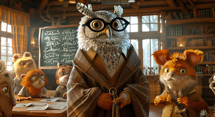 Cute character owl teacher in the classroom