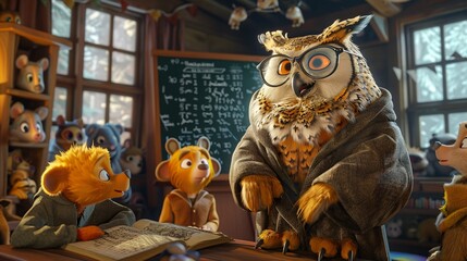 Cute character owl teacher in the classroom