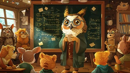 Cute character owl teacher in the classroom