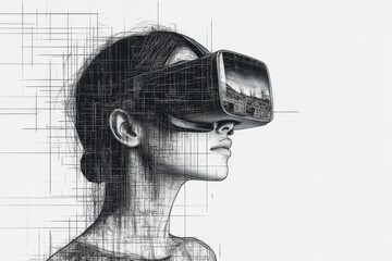 A minimalist sketch of a woman wearing a VR headset symbolizing the intersection of classic art and modern digital technology in a monochromatic setting