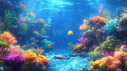 Colorful coral reef with bright fish under the ocean.