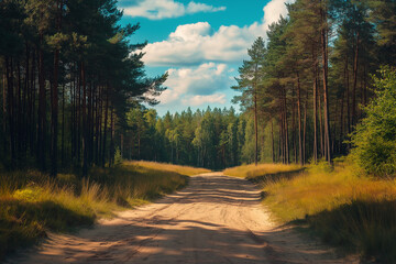 Obraz premium forest sand road in beautiful green forest in summer, generative AI