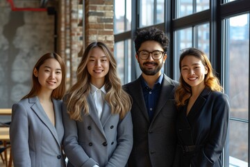 Obraz premium A diverse group of young professionals smile confidently in an urban workspace, showcasing collaboration and teamwork in a modern corporate environment.