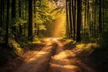 Fototapeta premium forest sand road in beautiful green forest in summer, generative AI