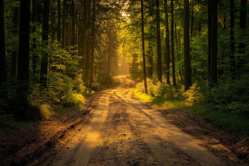 Fototapeta premium forest sand road in beautiful green forest in summer, generative AI