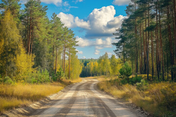 Obraz premium forest sand road in beautiful green forest in summer, generative AI