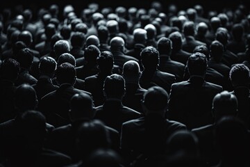 Obraz premium A vast audience of indistinguishable figures in suits, representing the anonymity of corporate culture. Ideal for themes of conformity and modern work life.