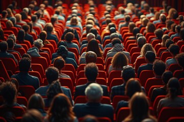 Fototapeta premium Diverse crowd seated in a theater, engaged in a live performance. The red chairs create a vibrant atmosphere, enhancing the cultural experience of the event.