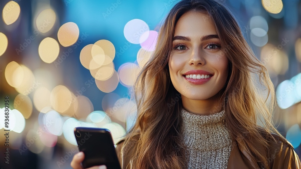 Canvas Prints A woman is smiling and holding a cell phone