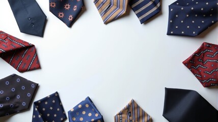 Fototapeta premium Stylish Men's Ties in a Circle Arrangement on White Background - Business Fashion Accessories Display