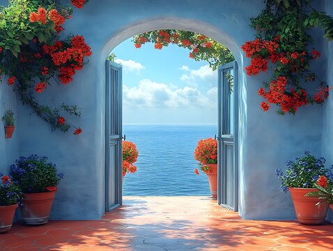 Fototapeta A door opens to the sea, framed by red and blue flowers, in light sky-blue and navy hues, evoking a travel-inspired Windows Vista aesthetic