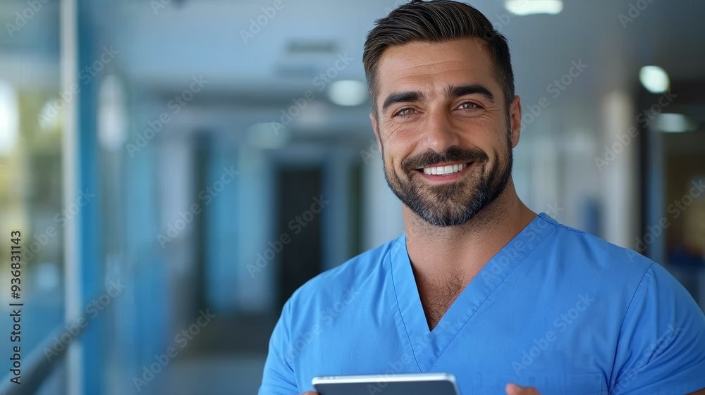 Poster A man in a blue scrubs shirt is smiling and holding a tablet