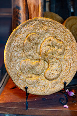 Gateaux tart from Basque Country, brown caramel cheese cake, with different filling, cream, cherry, apricot, walnuts of Perigord, chocolate