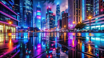Vibrant neon lights dance across wet pavement, casting kaleidoscopic reflections that merge with city skyscrapers and bustling streets in a mesmerizing urban nightscape.