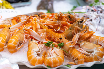 Assortment of fresh daily catch of prawns, seashells, molluscs on ice on fish market in Brittany, France, English translation: differens French names of seafood