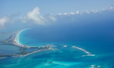 aerial panoramic of turquoise sea in Cancun, Mexico