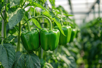 Green Bell Peppers growing in a greenhouse hydroponics farm.