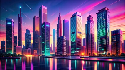 Fototapeta premium Vibrant neon lights illuminate a futuristic geometric cityscape at dusk, with sleek skyscrapers, abstract shapes, and radiant hues of pink, blue, and green.