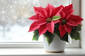 Vibrant red poinsettia blooms in a pot placed by a snowy window, adding festive charm to your holiday decor.