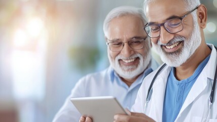 Two men are smiling and looking at a tablet