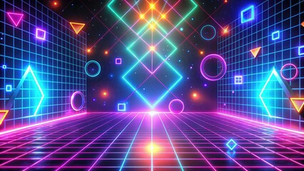 Fototapeta premium Vibrant neon-lit grid pattern with retro 80s-inspired geometric shapes, abstract swirls, and radiant gradients, evoking a nostalgic futuristic ambiance.