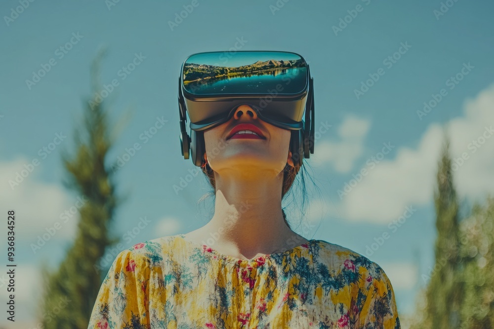 Poster Profile of a woman in a VR headset gazing upward set against a bright sky and lush green environment representing the fusion of technology with nature in an immersive digital experience