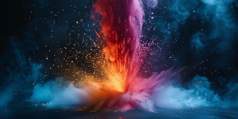 Fototapeta premium An artistic representation of colorful powder erupting in a dynamic explosion, creating a stunning visual contrast against a dark backdrop.