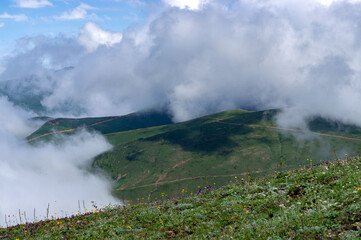 Green summer mountains, beautiful hills covered in green grass. Big fluffy clouds, or fog, over the mountains. Hiking season.