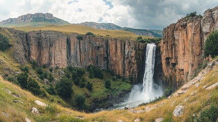 Panoramic image of Tortum (Uzundere) waterfall from down in Uzundere. Landscape view of Tortum Waterfall in Tortum,Erzurum,Turkey. Explore the world's beauty and wildlife , ai